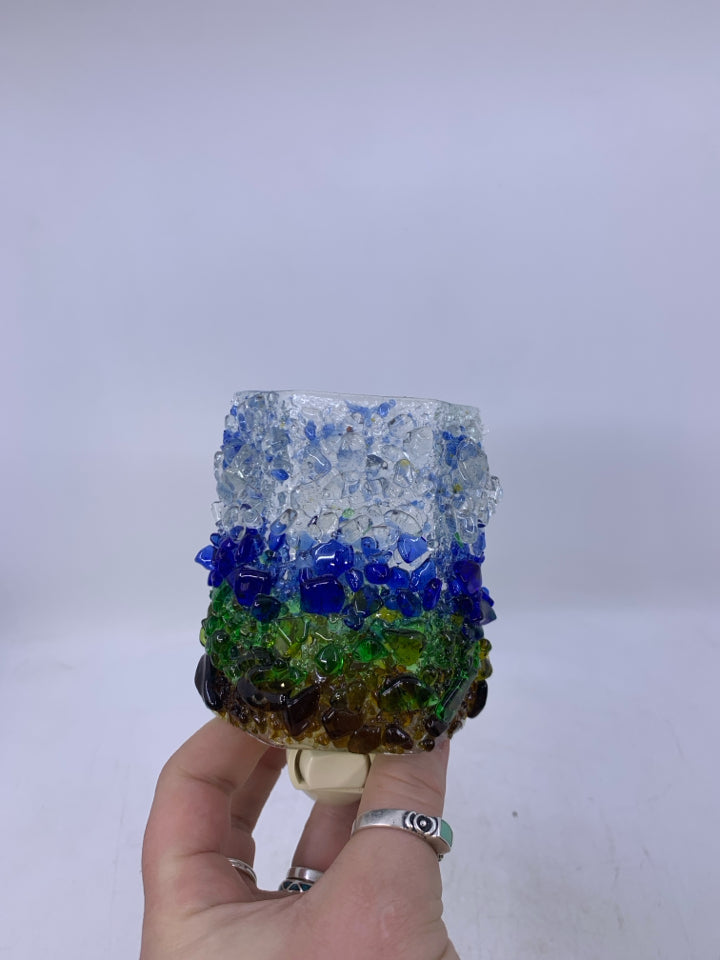 BLUE,GREEN, BROWN TEXTURED FUSED GLASS.