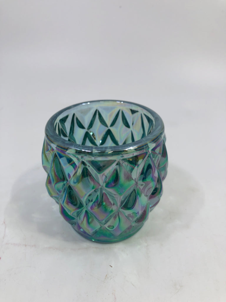 IRIDESCENT TEAL GLASS TOOTHPICK HOLDER.