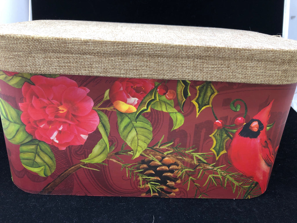 CARDINAL PRINT BOX W/BURLAP LID.