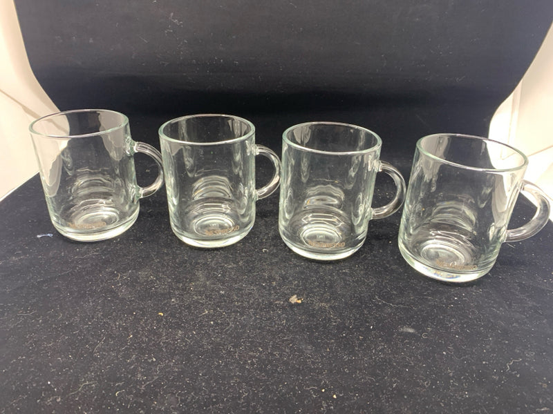 4 GLASS NESCAFE MUGS.