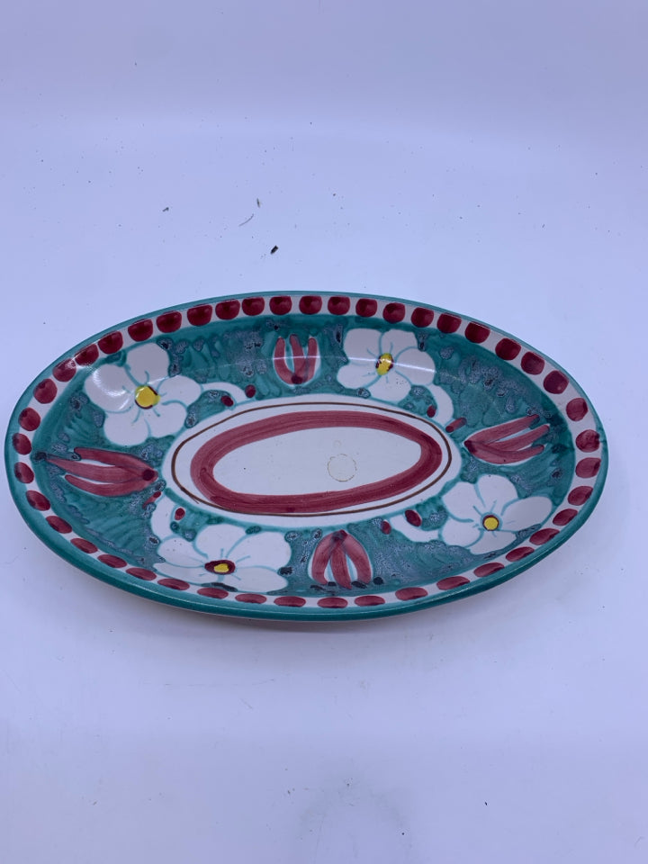 OVAL TEAL WITH WHITE FLORAL AND RED ACCENTS SERVER.