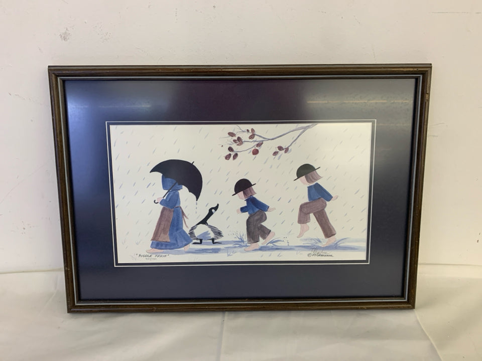 PUDDLE PICKIN KIDS WALKING THROUGH THE RAIN FRAMED SIGNED PRINT.