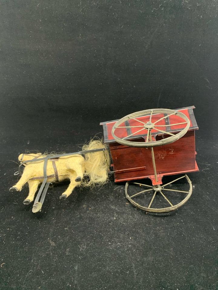 PRIMITIVE HORSE PULLING WHEEL BARROW DECOR.