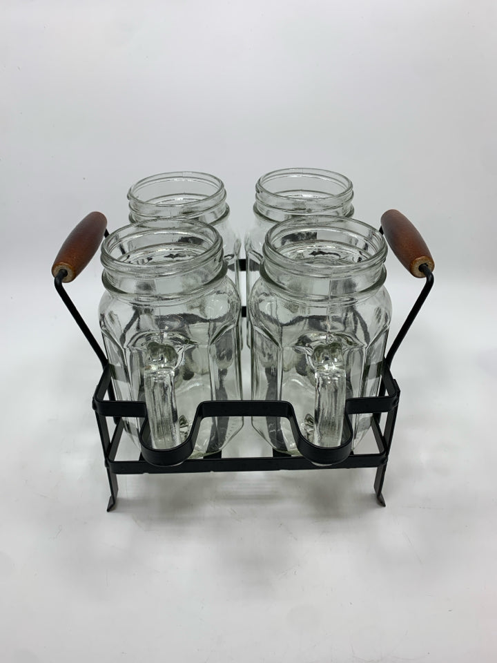 5PC GLASS MUGS IN METAL CADDY.