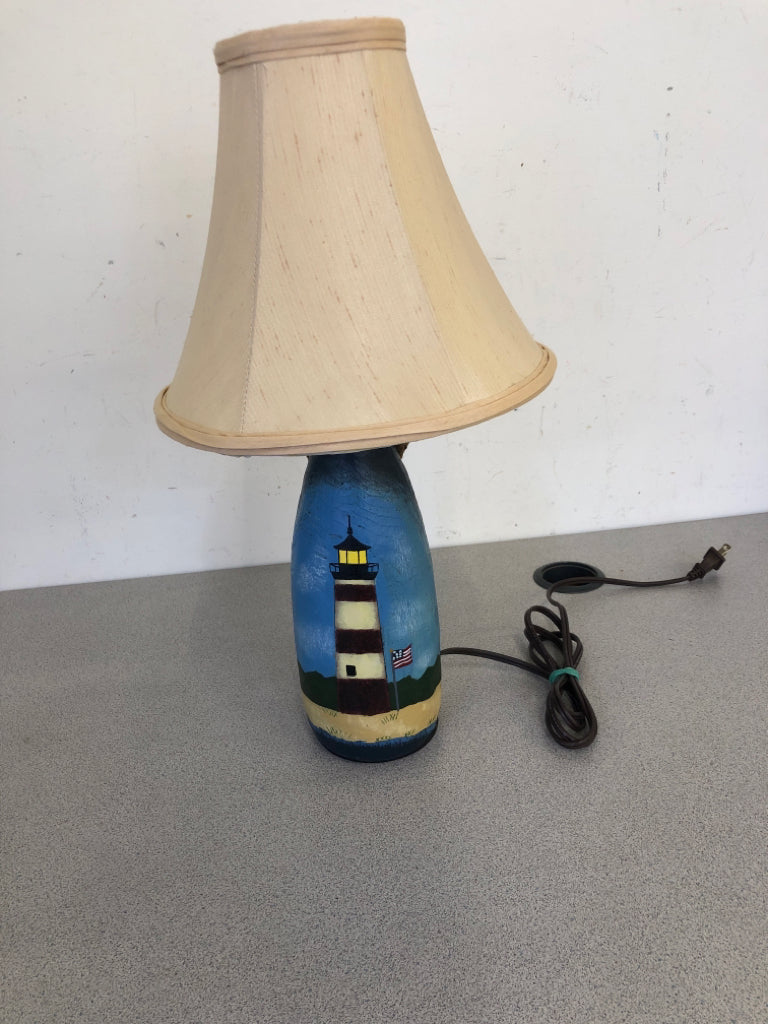PAINTED LIGHTHOUSE BUOY LAMP W TAN SHADE.