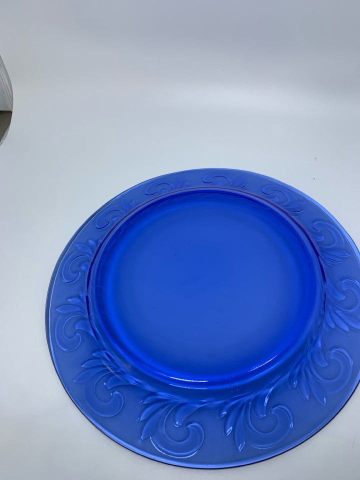 COBALT BLUE GLASS PLATTER W/ EMBOSSED SWIRL EDGE.