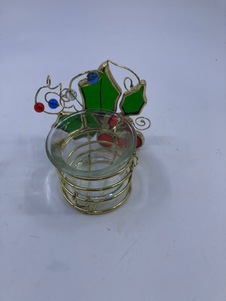 GOLD HOLLY METAL CANDLE HOLDER.