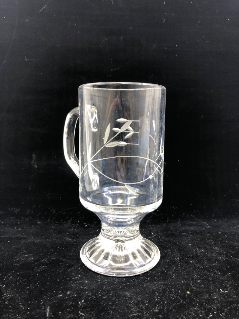 4 FLORAL ETCHED FOOTED IRISH COFFEE MUGS.