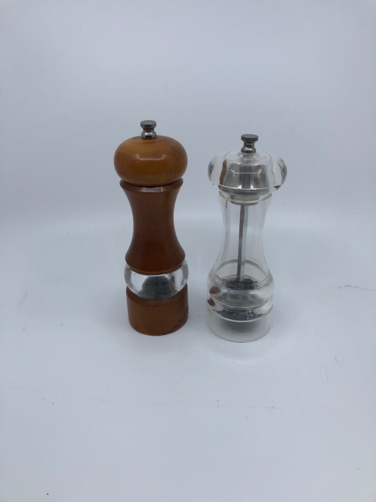 CLEAR AND WOOD SALT + PEPPER GRINDER.