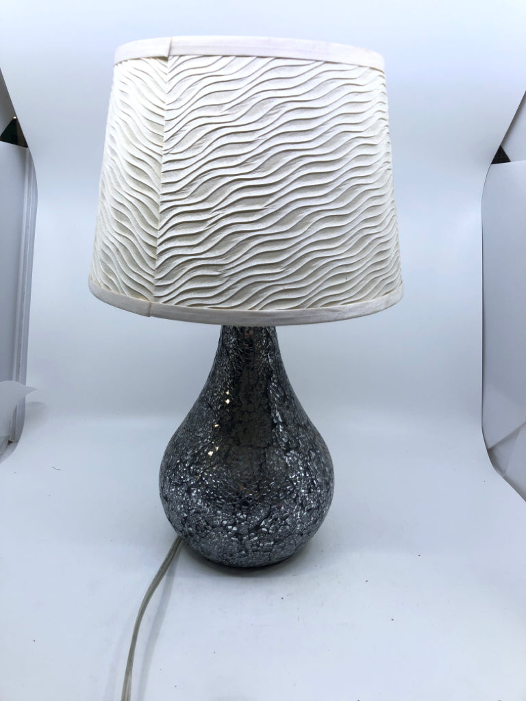 SILVER MOSAIC TEAR DROP LAMP W WHITE SHADE.