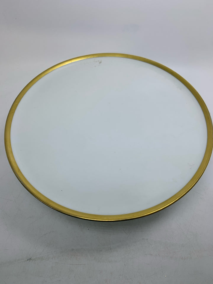 VTG WHITE CAKE STAND W/ GOLD EDGE 100TH ANNIVERSARY.