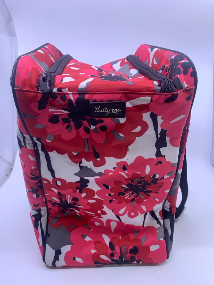 RED FLORAL DIVIDED COOLER BAG.