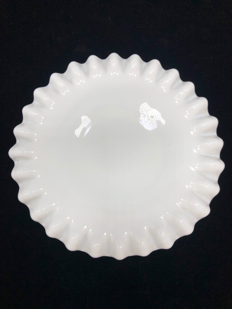 VTG RUFFLED EDGE HOBNAIL MILK GLASS CANDLE PLATE.