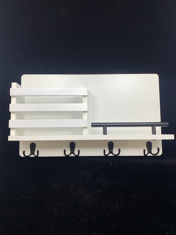 WHITE WALL MOUNTED ORGANIZER W/HOOKS.