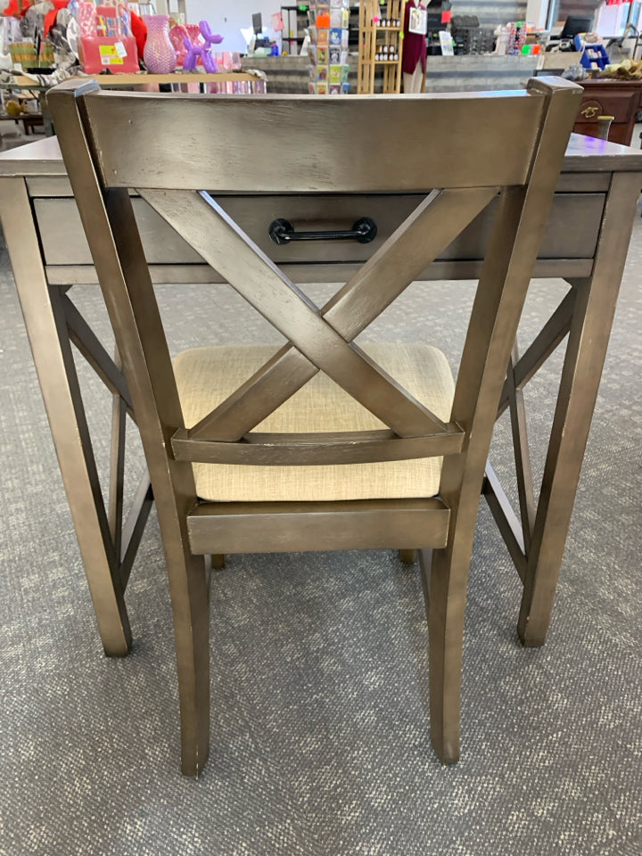 DK WOOD WRITING DESK AND CHAIR W/OUTLETS LAP DRAWER.