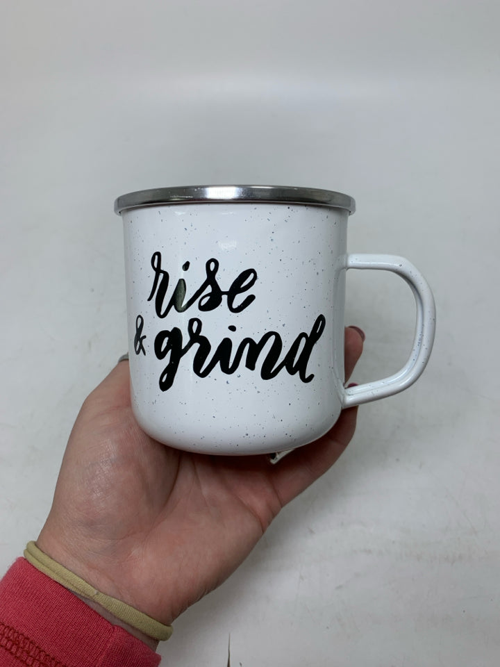 RISE AND GRIND ENAMEL SPECKLED MUG.