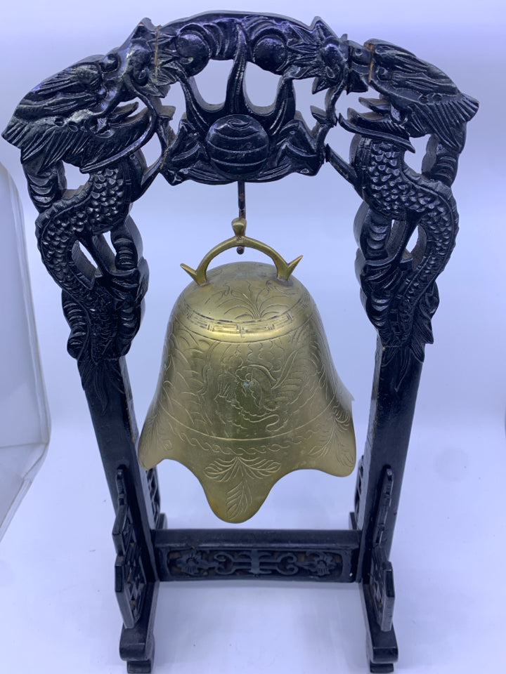 GOLD HANGING BELL IN ASIAN WOOD BASE.