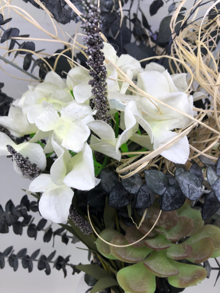 FAUX LAVENDER + EUCALYPTUS BOUQUET IN WHITE VASE.