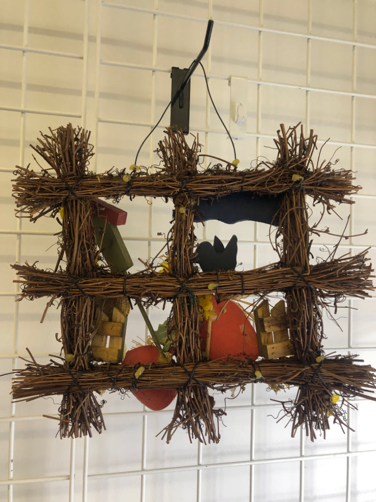 "IT'S AUTUMN" BROWN SQUARE TWIG DOOR HANGING PUMPKINS.
