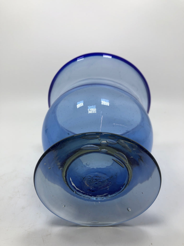 BLUE GLASS HURRICANE VASE.