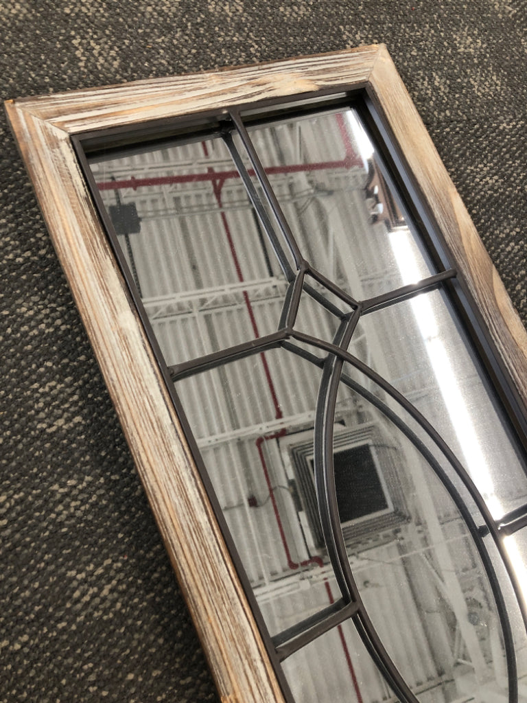 METAL LINED MIRROR W/WOOD BORDER.