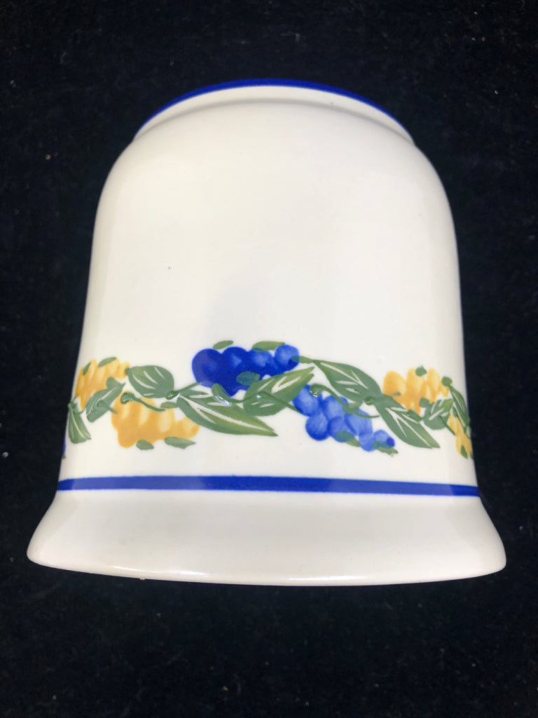 VTG CREAM W BLUE AND YELLO BERRY PATTERN CANDLE SHADE.