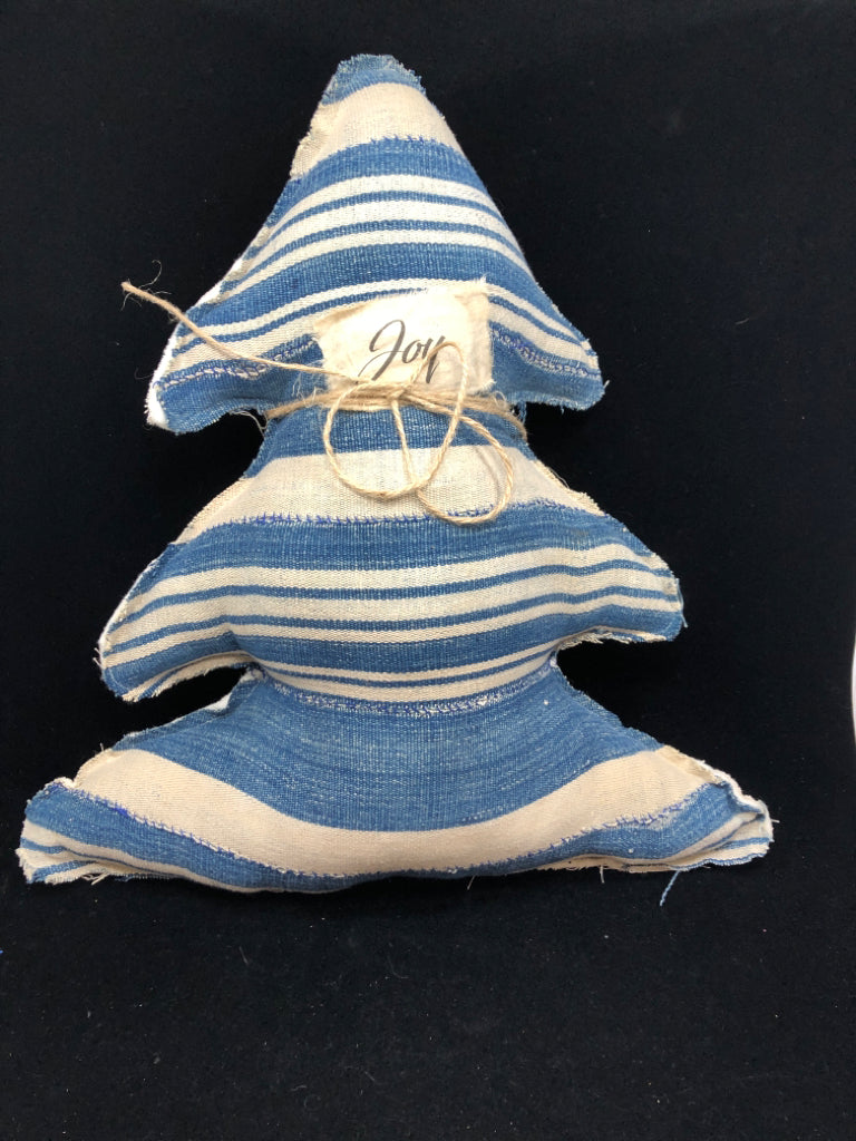 'JOY' BLUE/WHITE STRIPE TREE ACCENT PILLOW.