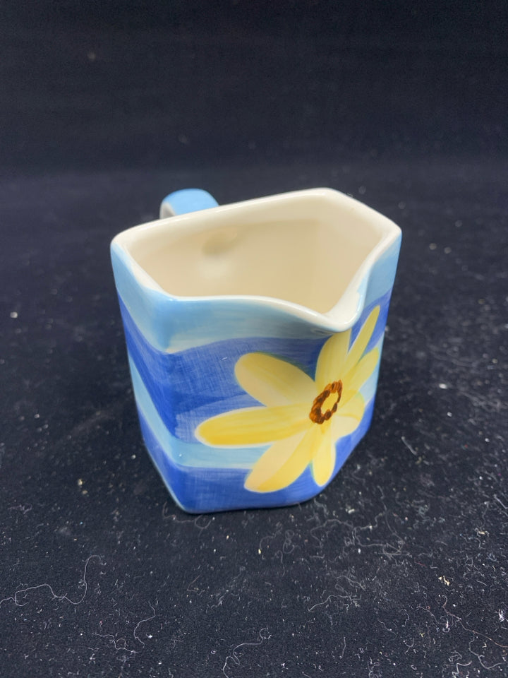 4 PC HERMAN DODGE & SON TEAPOT,CUP+SAUCER, CREAMER, PLATE- BLUE W/ YELLOW FLOWER