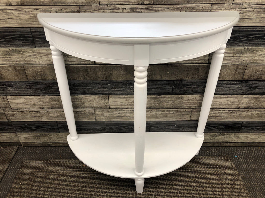 WHITE W GREY HALF MOON TABLE W BOTTOM STORAGE.
