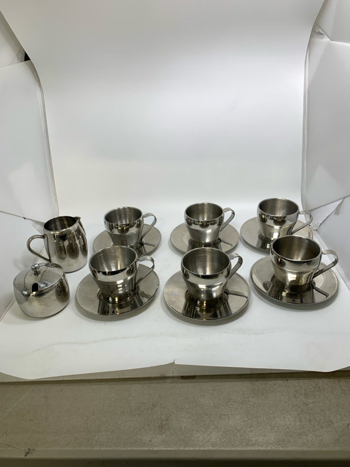 14 PC SVC 6 STAINLESS STEAL CUPS & SAUCERS W/ SUG/CREAMER MEGA EURO.
