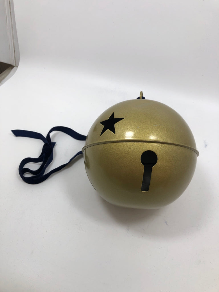 GOLD BELL W/CUTOUT STARS BLUE RIBBON.