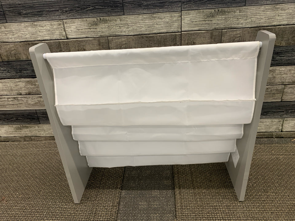 GREY WOOD AND WHITE FABRIC KIDS BOOK SHELF.