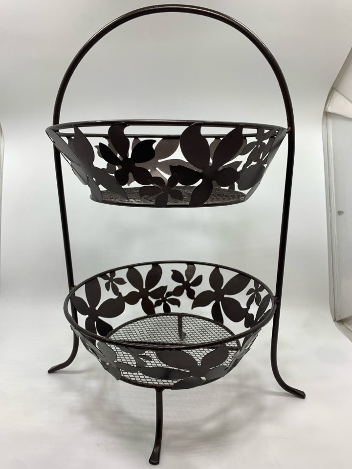 2 TIER BROWN METAL FLORAL FRUIT BASKET.