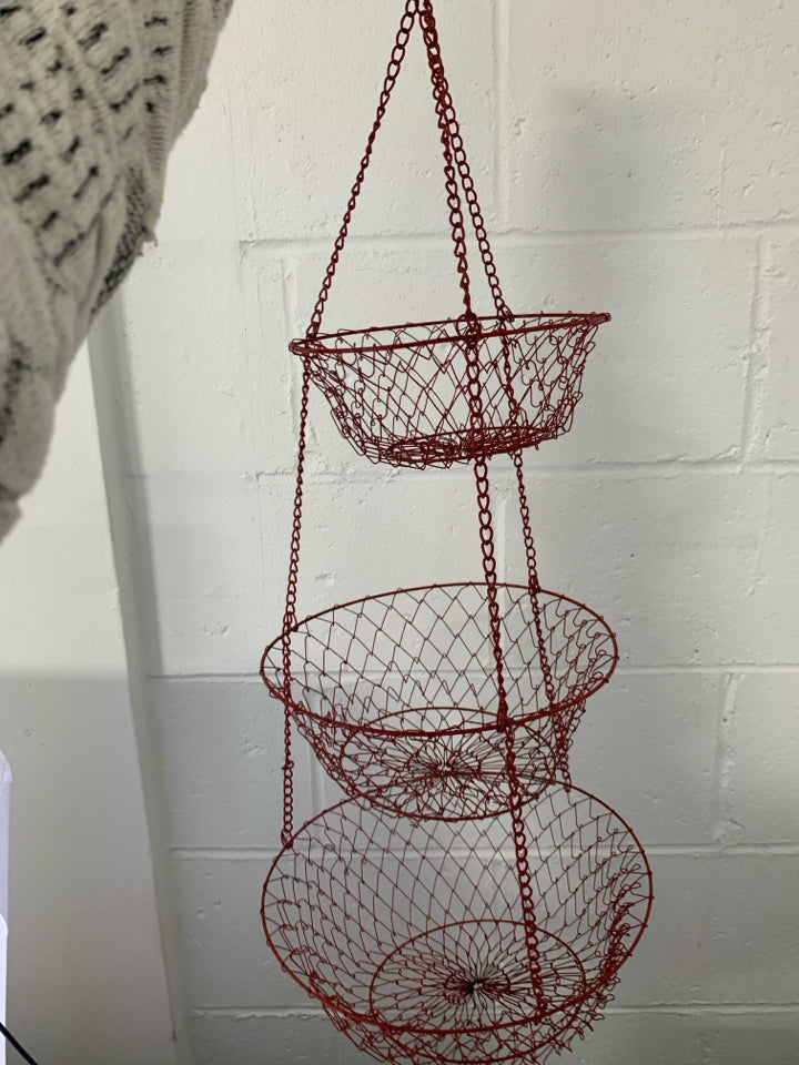 3 TIER RED METAL COLLAPSIBLE HANGING FRUIT BASKET.