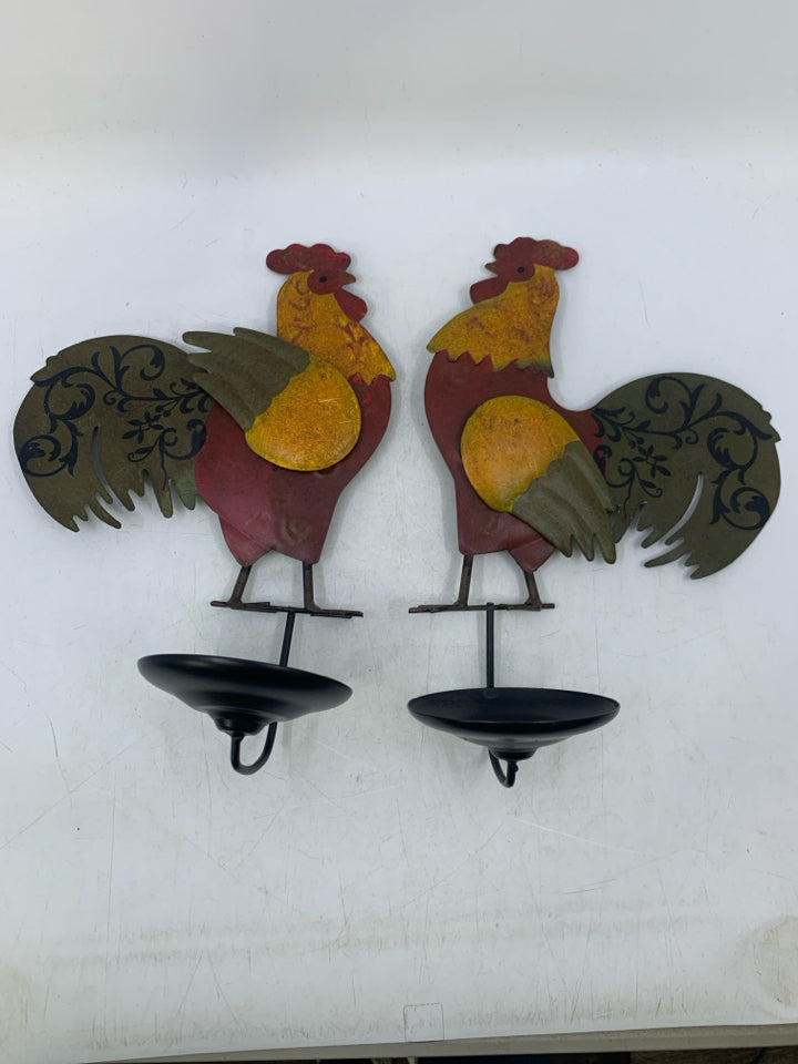 2 METAL ROOSTER PILLAR CANDLE HOLDERS WALL HANGINGS.