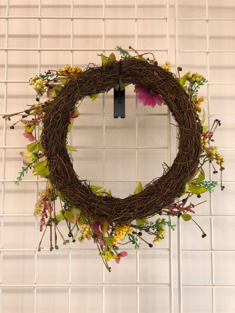 YELLOW & PURPLE TWIG WREATH.