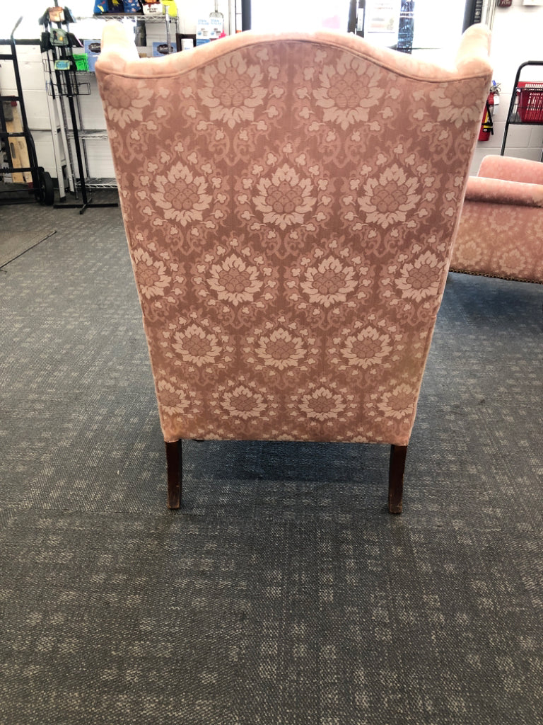 VTG PINK CLAWFOOT WING BACK ACCENT CHAIR.