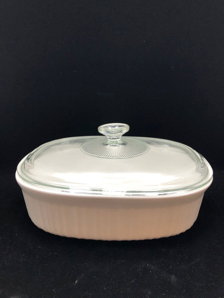 FRENCH WHITE CASSEROLE DISH W/LID.