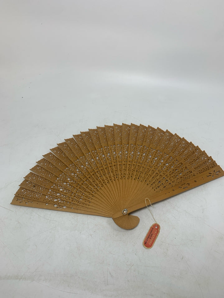 VTG SANDALWOOD FOLDING HAND FAN CUT OUT FLORAL.