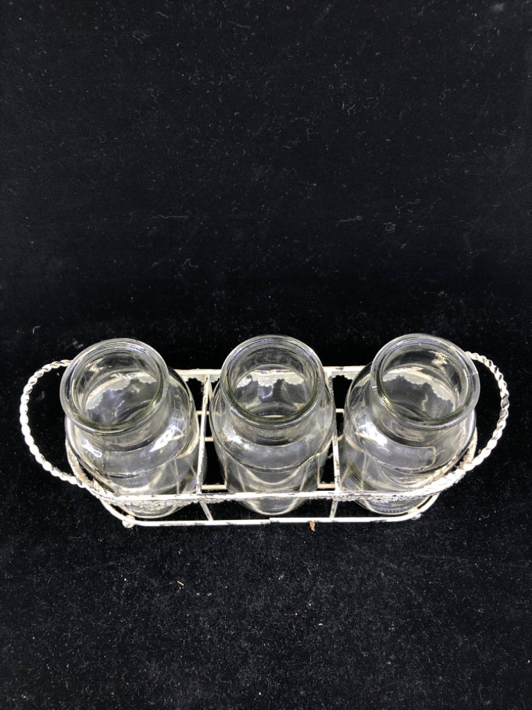 3 CLEAR GLASS VASES IN DISTRESSED CREAM METAL HOLDER W HANDLES.