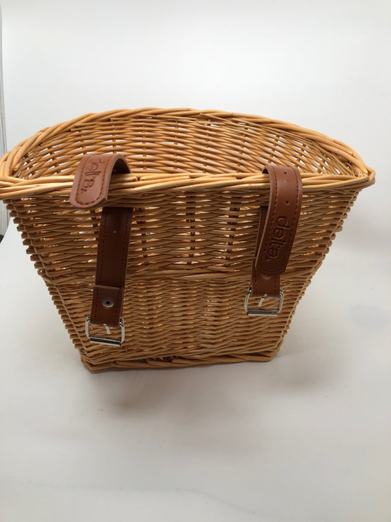WICKER BIKE BASKET W/FAUX LEATHER STRAPS.