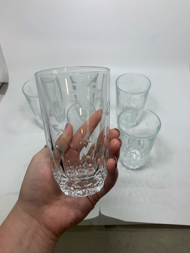 6 LEAD CRYSTAL HEAVY BOTTOM TUMBLERS W/ FLORAL ETCHING.