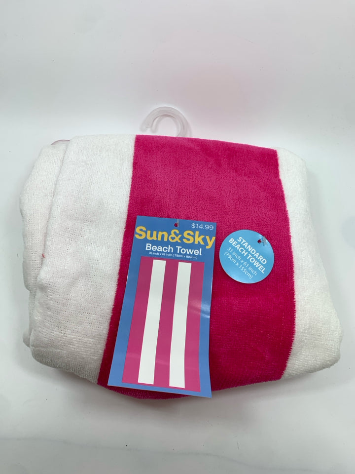NWT PINK/WHITE STRIPE BEACH TOWEL.