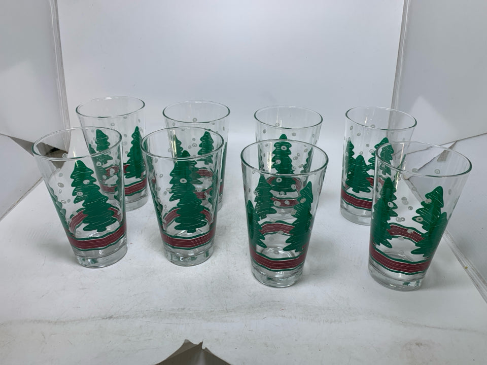 8 PRINTED CHRISTMAS TREES W/ SNOW TUMBLERS.