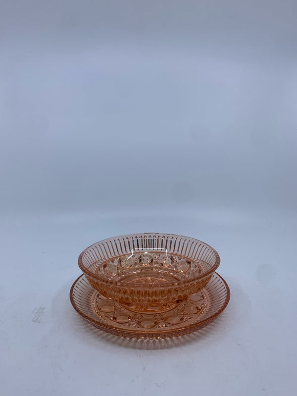 2PC PEACH GLASS BOWL+CATCH PLATE -RIBBED+SHAPES DESIGNS.