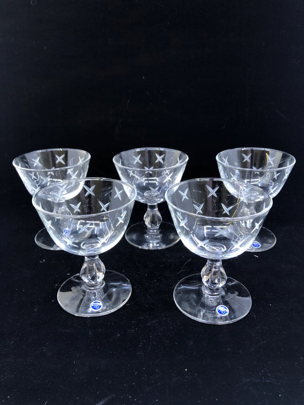 5 VTG SHORT CUT GLASS X PATTERN WINE/ DESSERT GLASSES.