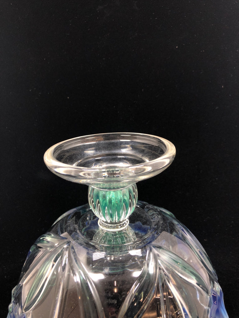 BLUE FLORAL GLASS PEDESTAL BOWL.