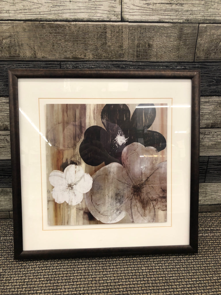 WHITE, BLACK, GREY FLOWERS FRAMED PRINT.