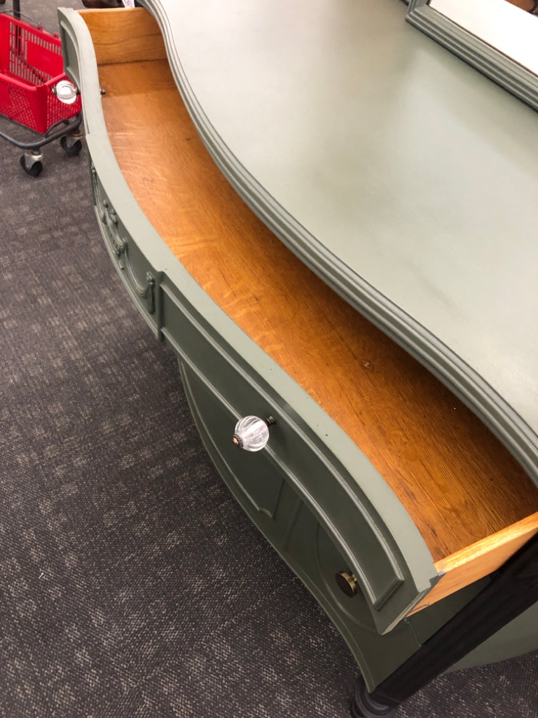 SAGE GREEN REFURBISHED 3 DRAWER DRESSER W/ ARCHED MIRROR.