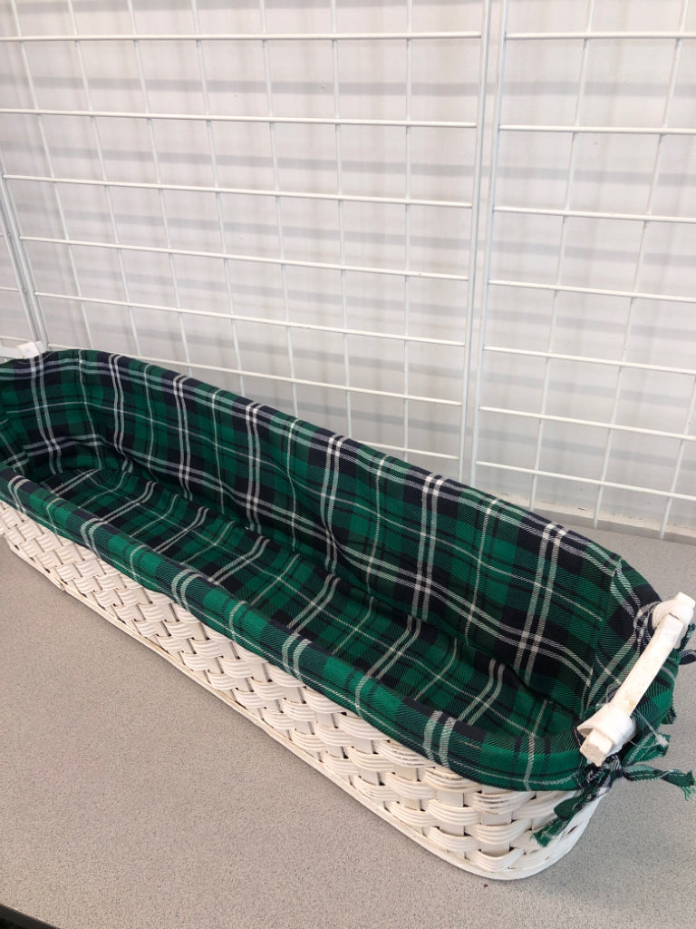 LONG RECTANGLE WHITE WOVEN WICKER BASKET GREEN/NAVY PLAID FABRIC.